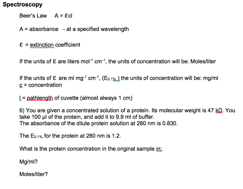 Solved Spectroscopy Beer's Law A = epsilon cl A =