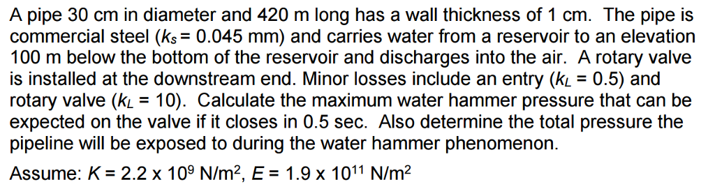 Solved A pipe 30 cm in diameter and 420 m long has a wall | Chegg.com