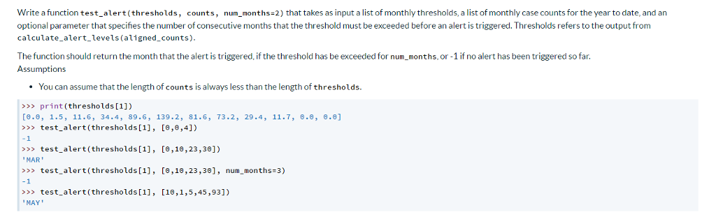 Write a function test alert(thresholds, counts, | Chegg.com