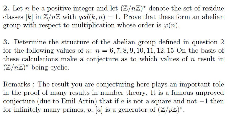 2. Let n be a positive integer and let (Z/nZ)* denote | Chegg.com