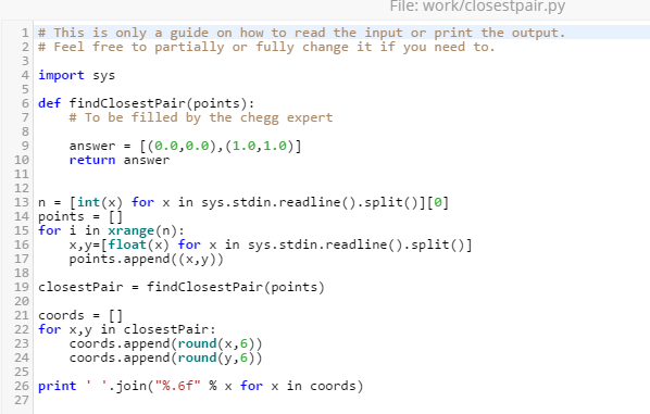 Solved Closest Pair USING PYTHON CODE ONLY PROVIDE SCREEN | Chegg.com