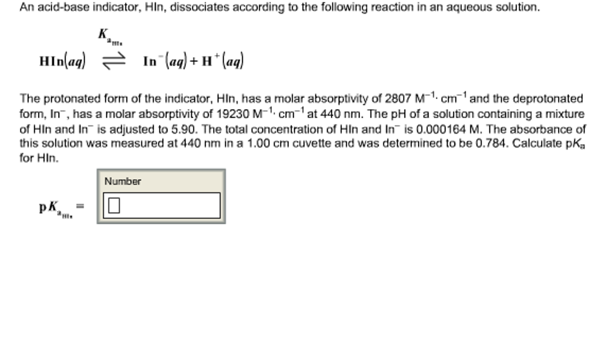 Solved An acidbase indicator, HIn, dissociates according to