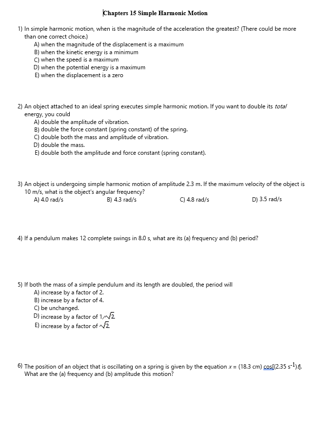 Solved Chapters 15 Simple Harmonic Motion 1) In simple | Chegg.com