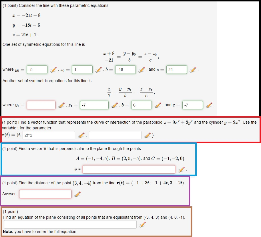 Solved (1 point) Consider the line with these parametric | Chegg.com