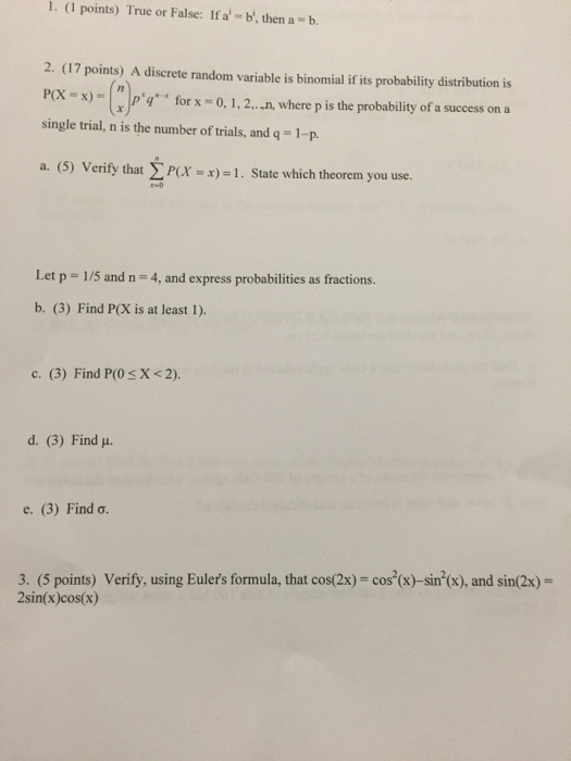 Solved 1. 1. Points) True Or False: If Ai Bi, Then A B. 2. | Chegg.com