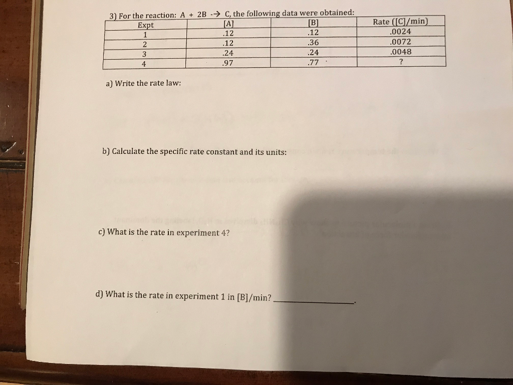 Solved 3) For the reaction: A + 2B-→ C, the following data | Chegg.com
