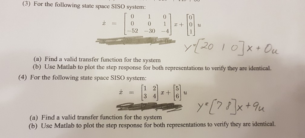 Solved (3) For the following state space SISO system 0 | Chegg.com