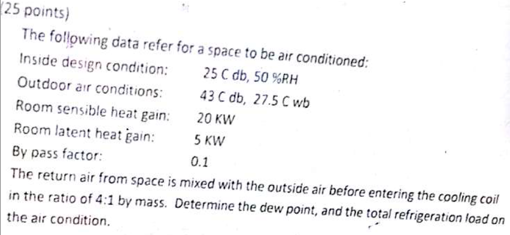 Solved The following data refer for a space to be air | Chegg.com