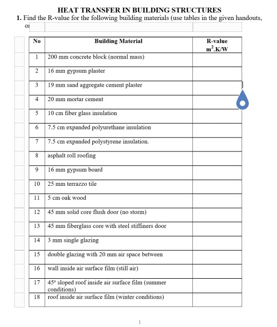 HEAT TRANSFER IN BUILDING STRUCTURES 1. Find the