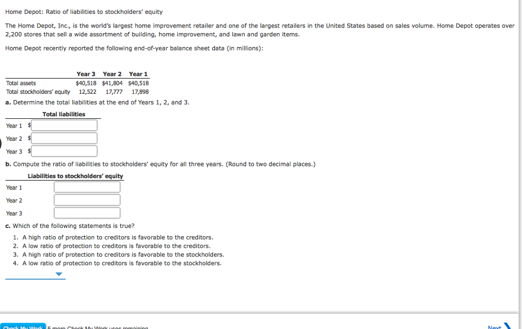Solved Home Depot Ratio of liabilities to stockholders'