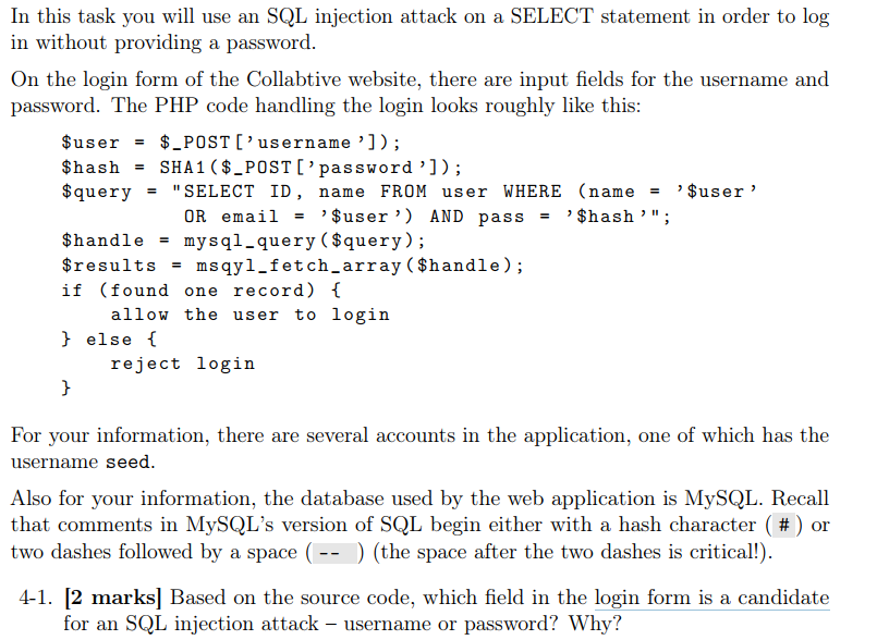 Solved In this task you will use an SQL injection attack on | Chegg.com