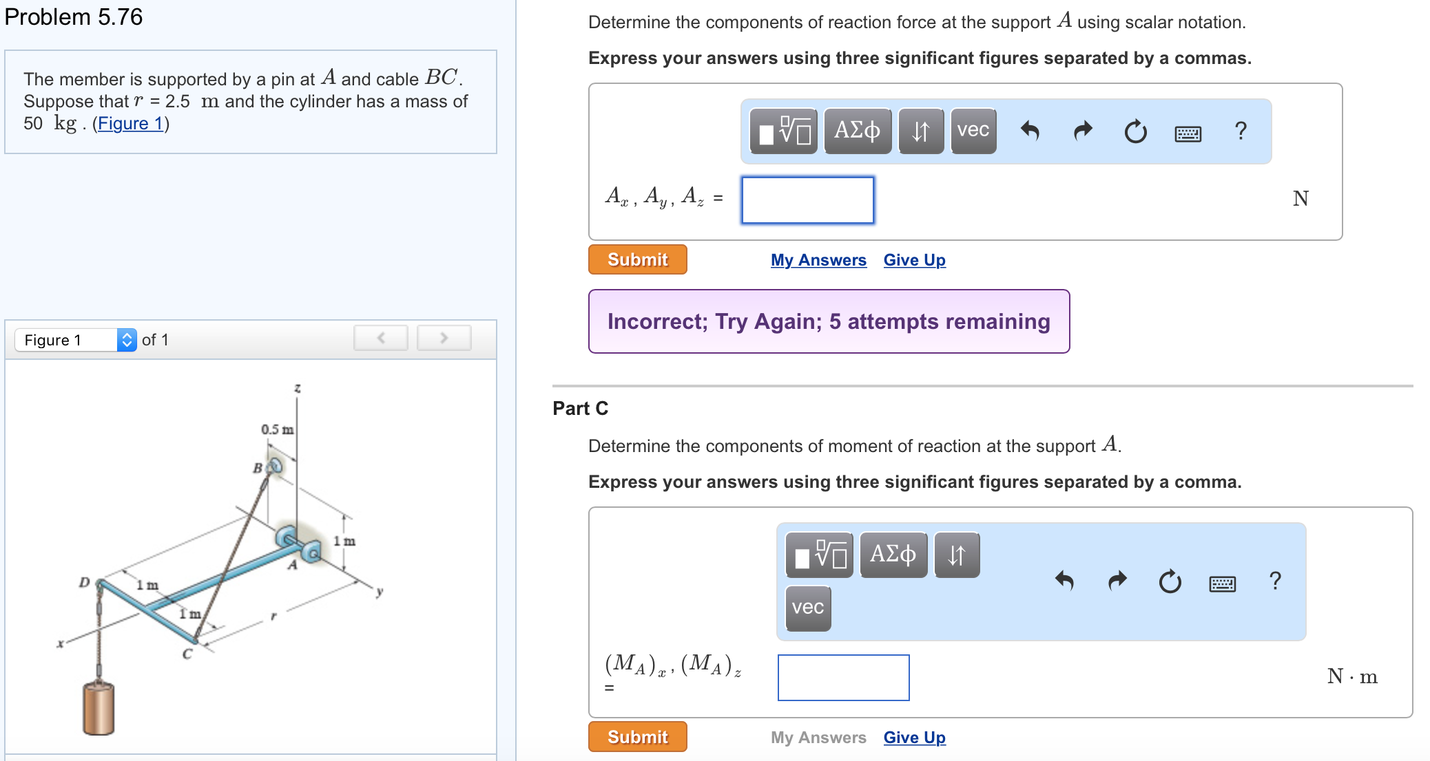 Solved The member is supported by a pin at A and cable BC. | Chegg.com