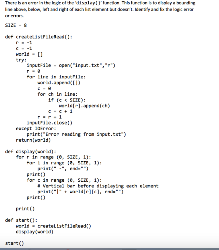 Solved There is an error in the logic of the 'display()' | Chegg.com