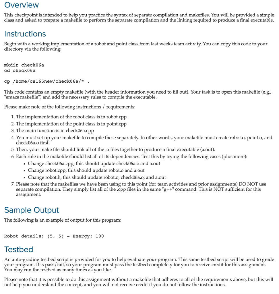 Overview This checkpoint is intended to help you | Chegg.com