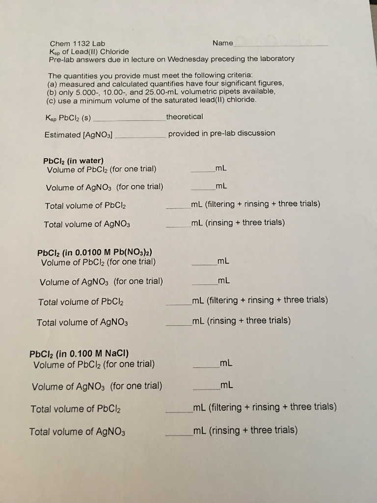 Chem 1132 Lab Name Ksp of Lead(II) Chloride Prelab