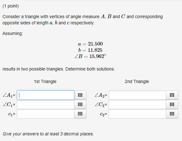 Solved (1 point) Consider a triangle with vertices of angle | Chegg.com