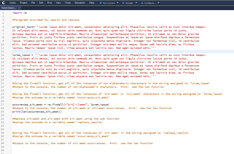 Codio/Python. Project 4 draft regular expression. | Chegg.com