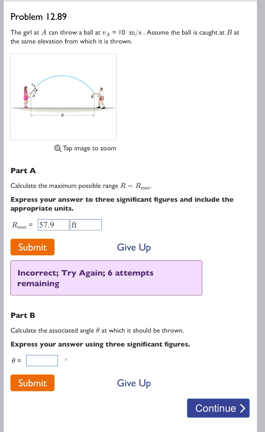 Solved The girl at A can throw a ball at v_A = 10 m/s .