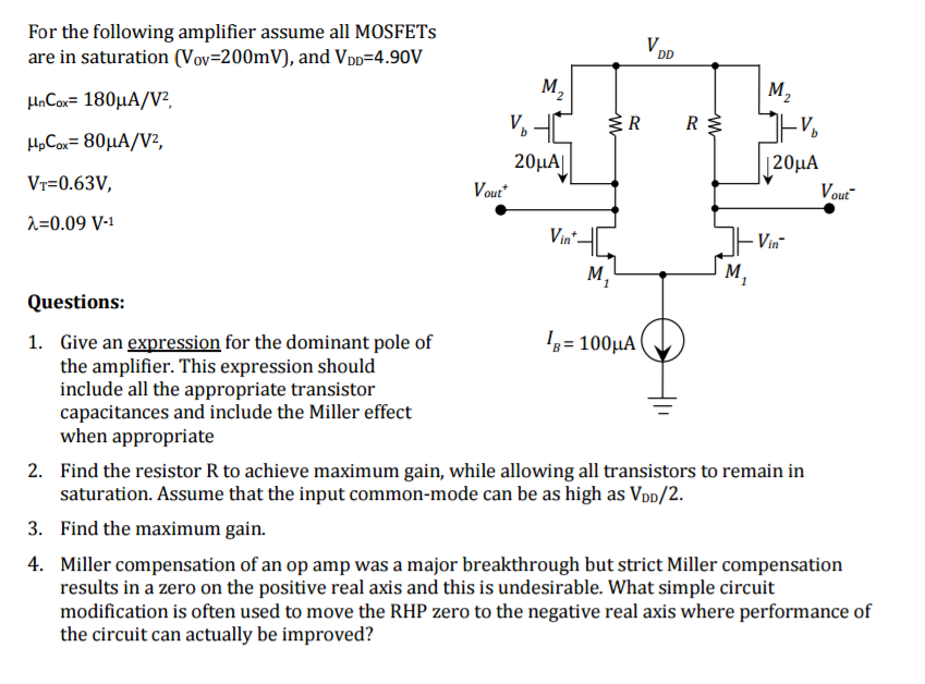 For the following amplifier assume all MOSFETs are in | Chegg.com