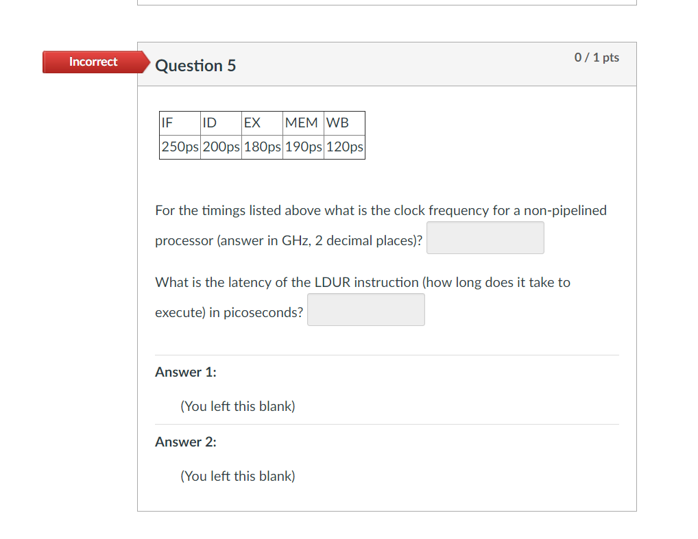 Solved Incorrect 0 1 Pts Question 5 If Id Ex Mem Wb 250ps 