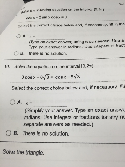 Solved Solve the following equation on the interval [0,2pi). | Chegg.com