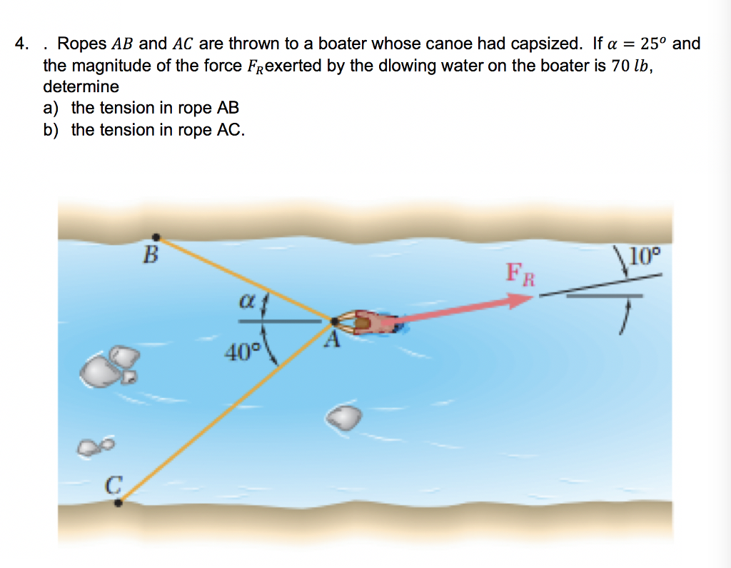 Solved . Ropes AB and AC are thrown to a boater whose canoe | Chegg.com