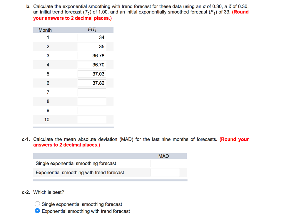 B.) Calculate the exponential smoothing with trend