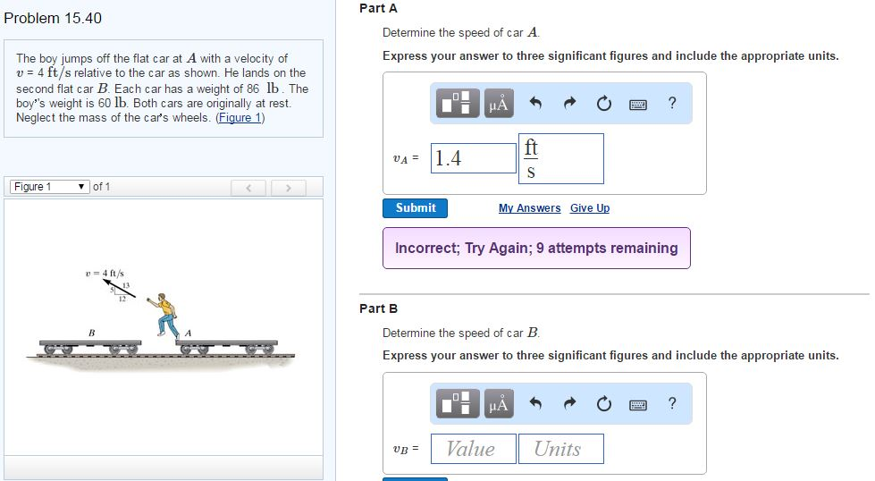 Solved The boy jumps off the flat car at A with a velocity | Chegg.com