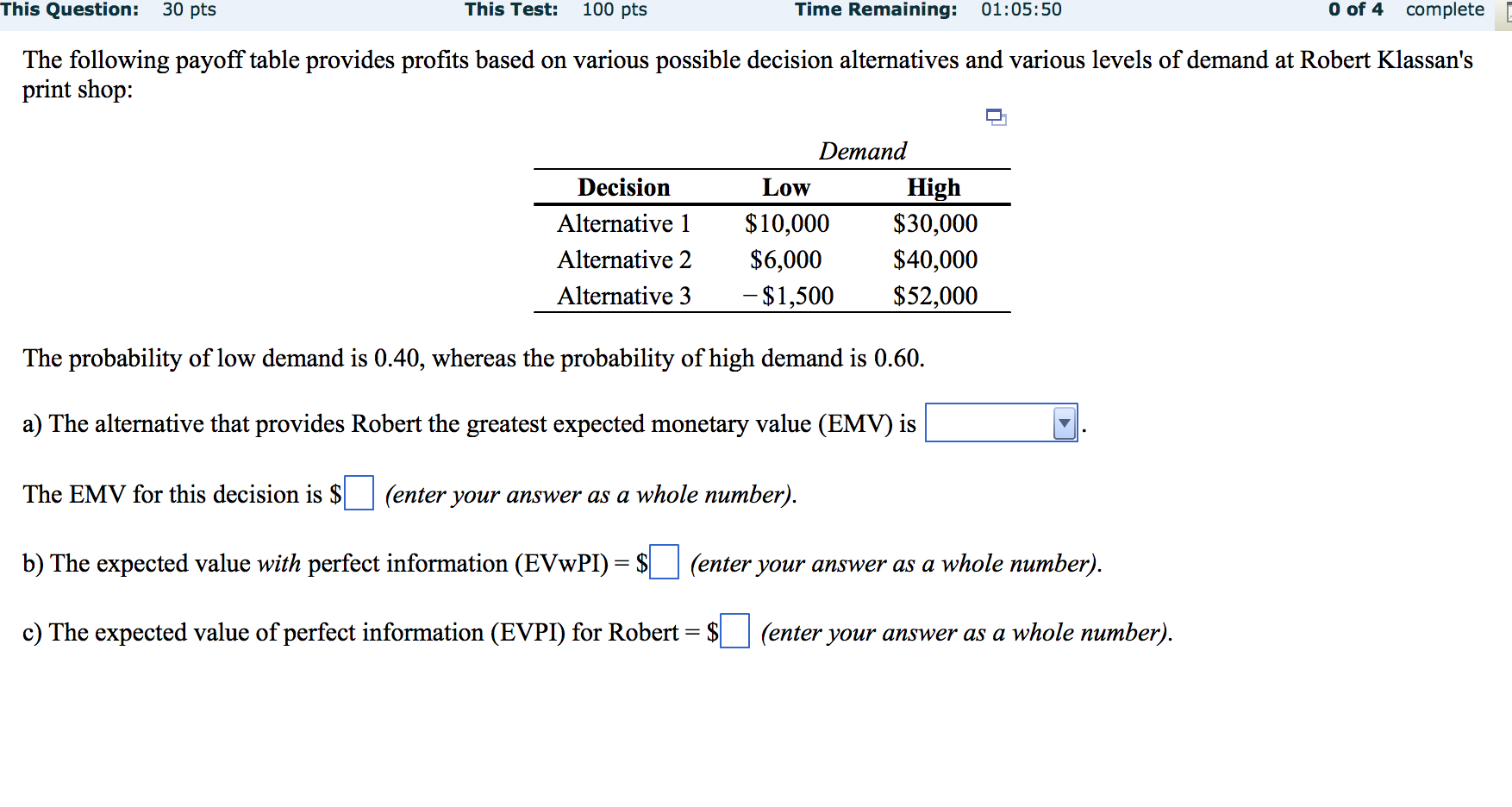 Solved The following payoff table provides profits based on | Chegg.com