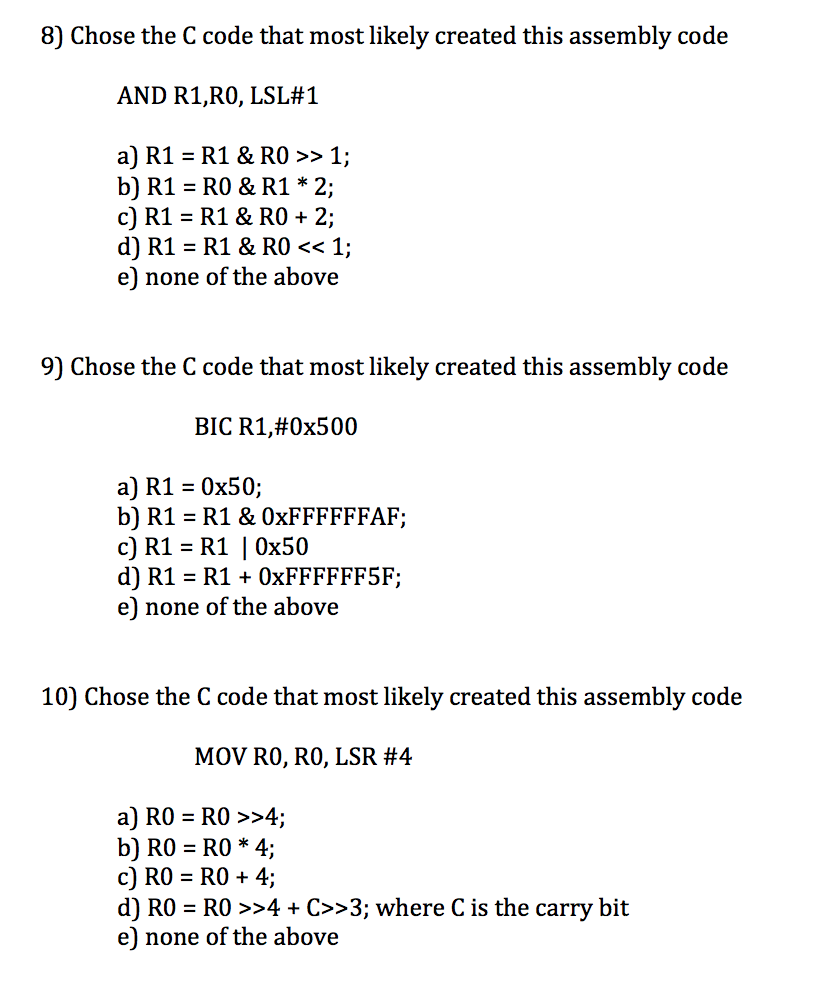 Solved 1) Chose the C code that most likely created this | Chegg.com