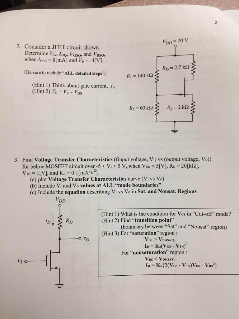 Solved 2 VDD = 20 V 2. Consider a JFET circuit shown. | Chegg.com