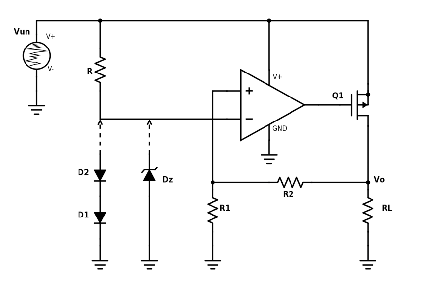 Solved Vun V+ D2 7 D1 A Dz R1 V+ Q1 GND www Vo R2 RL | Chegg.com