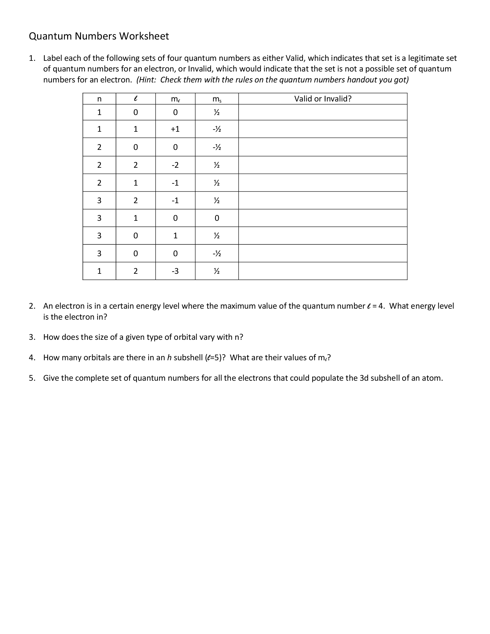 Quantum Numbers Multiple Choice Worksheet