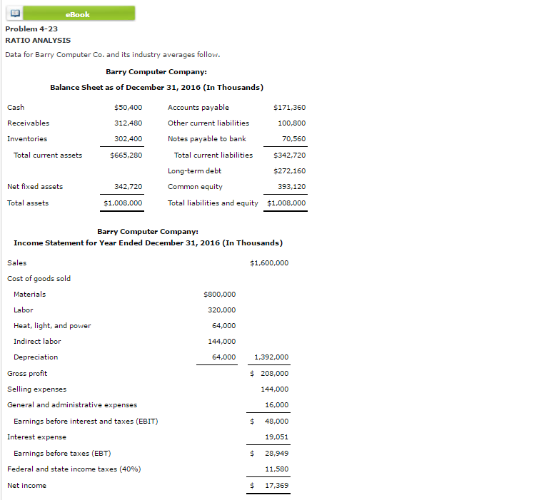 Problem 4 23 Ratio Analysis Data For Barry Computer