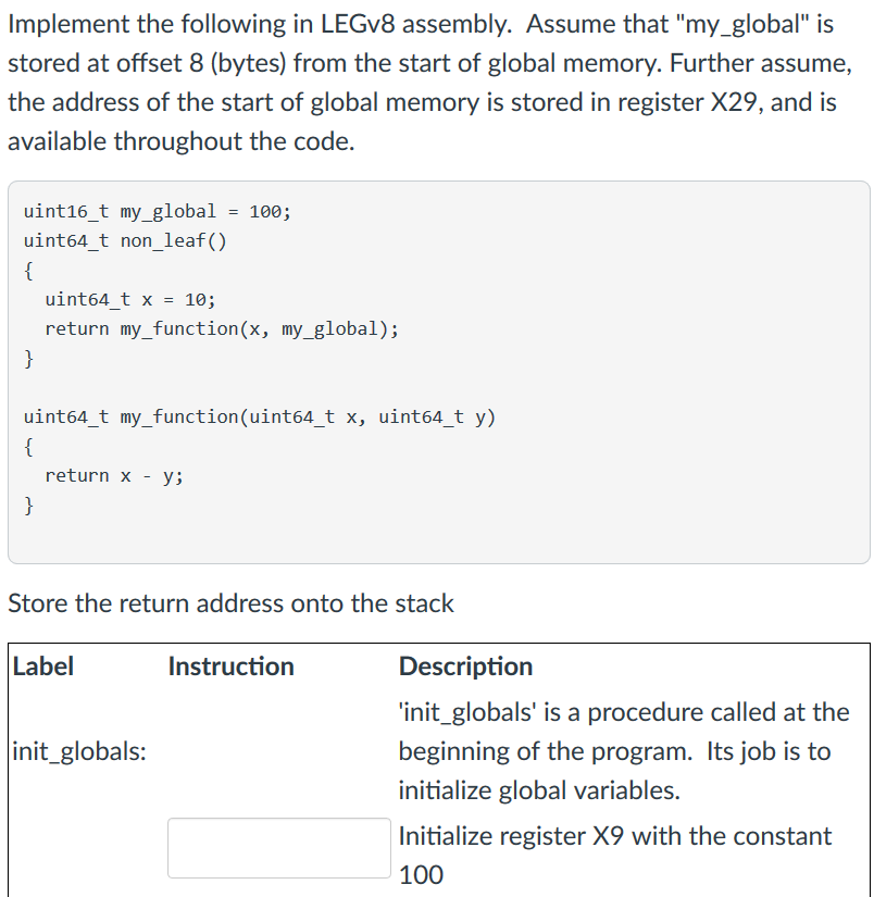 Solved Implement The Following In LEGv8 Assembly. Assume | Chegg.com