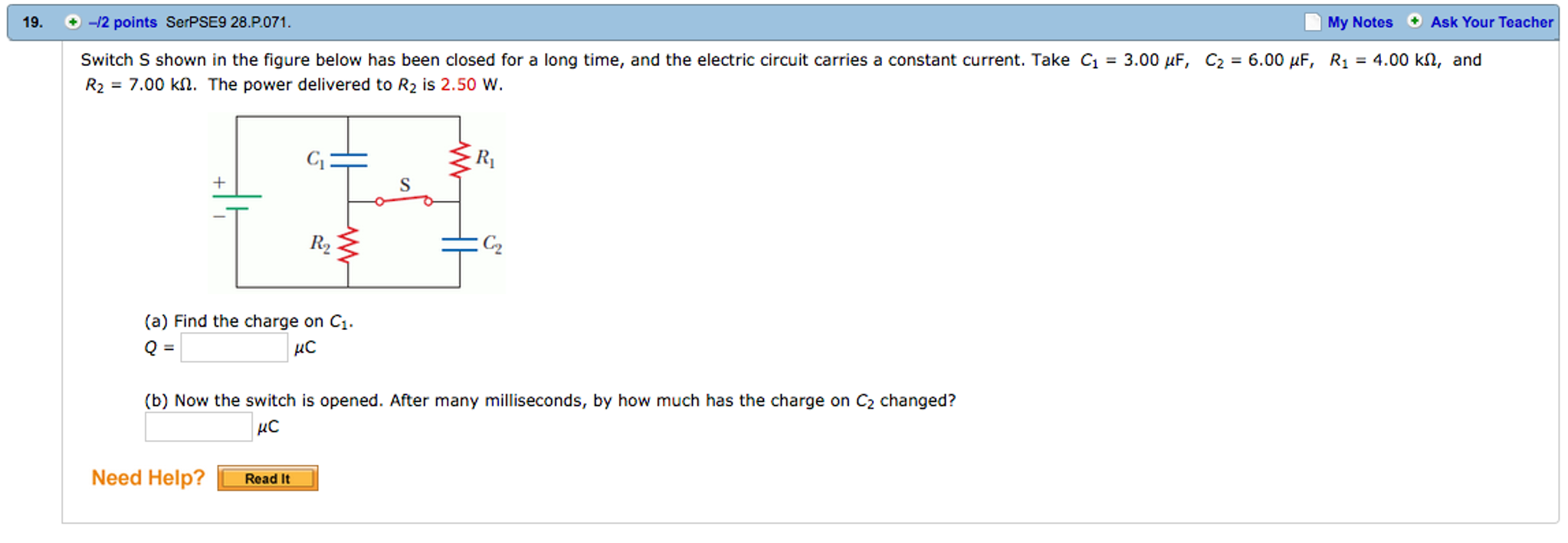 Solved Switch S shown in the figure below has been closed | Chegg.com
