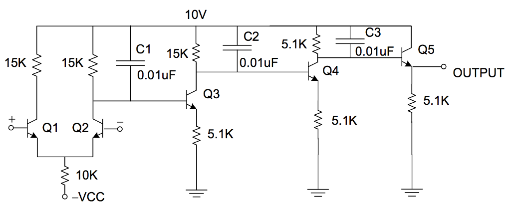 Solved 15K 10V C2 5.1K C1 15K 15K 0.01uF 0.01uF Q3 Q1 Q2 -o | Chegg.com