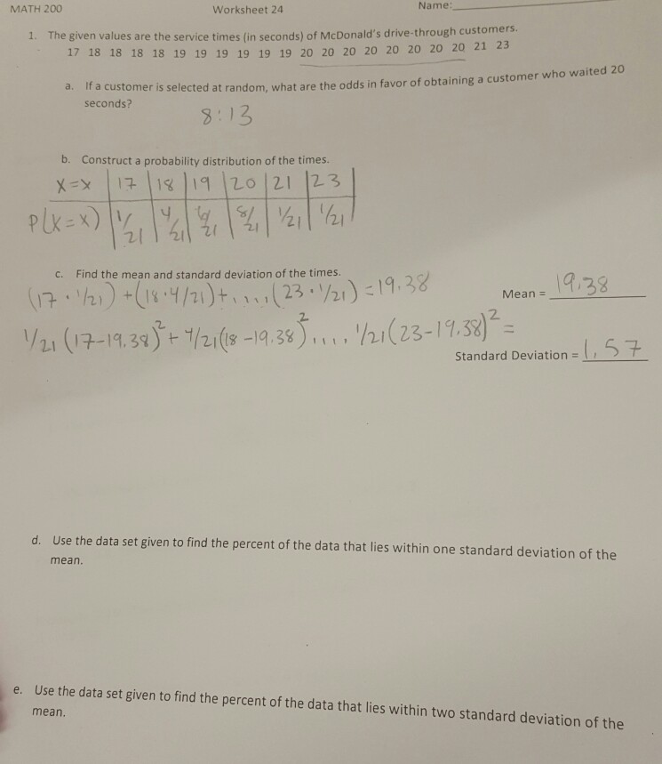 Solved MATH 200 Worksheet 24 Name: The given values are the | Chegg.com