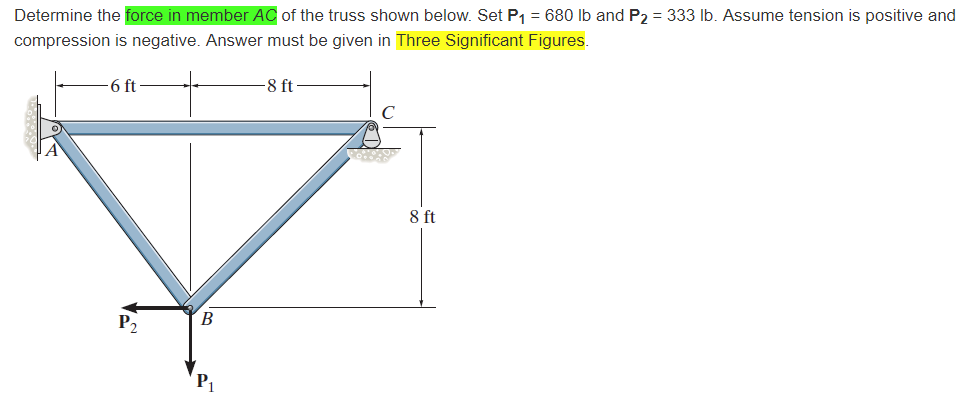 Solved Determine the force in member AC of the truss shown | Chegg.com