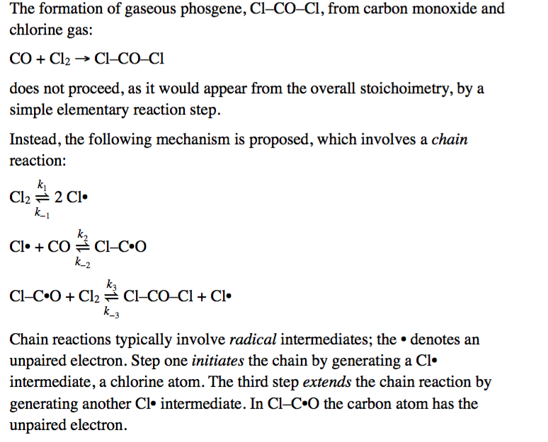 The formation of gaseous phosgene, ClCOCl, from