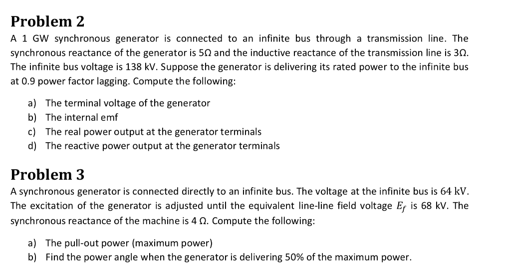 Solved Problem 2 A 1 GW synchronous generator is connected | Chegg.com