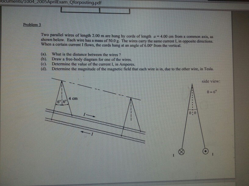 Two parallel wires of length 2.00 mare hung by cords