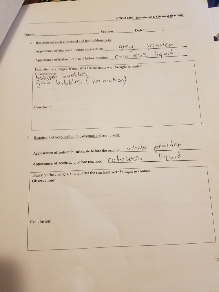 Solved EM 1405-Experiment 8: Chemical Reactions Name: | Chegg.com