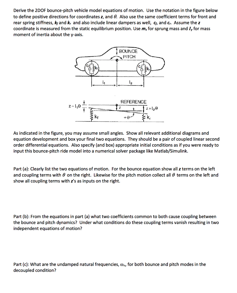Solved Derive the 2DOF bounce-pitch vehicle model equations | Chegg.com