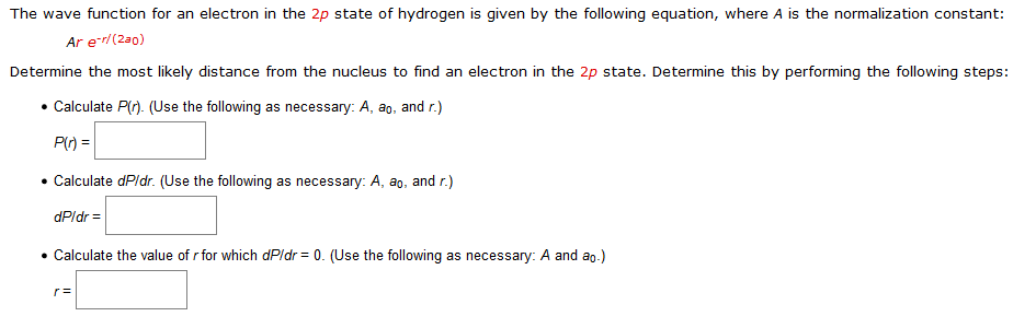 Solved The wave function for an electron in the 2p state of | Chegg.com