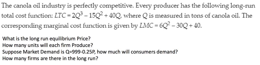Solved The Canola Oil Industry Is Perfectly Competitive Chegg