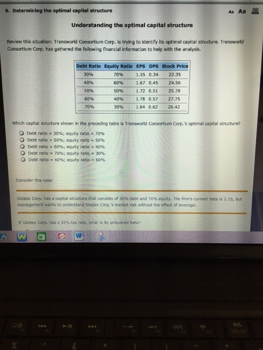 Solved 9. Determining the optimal capital structure Aa | Chegg.com