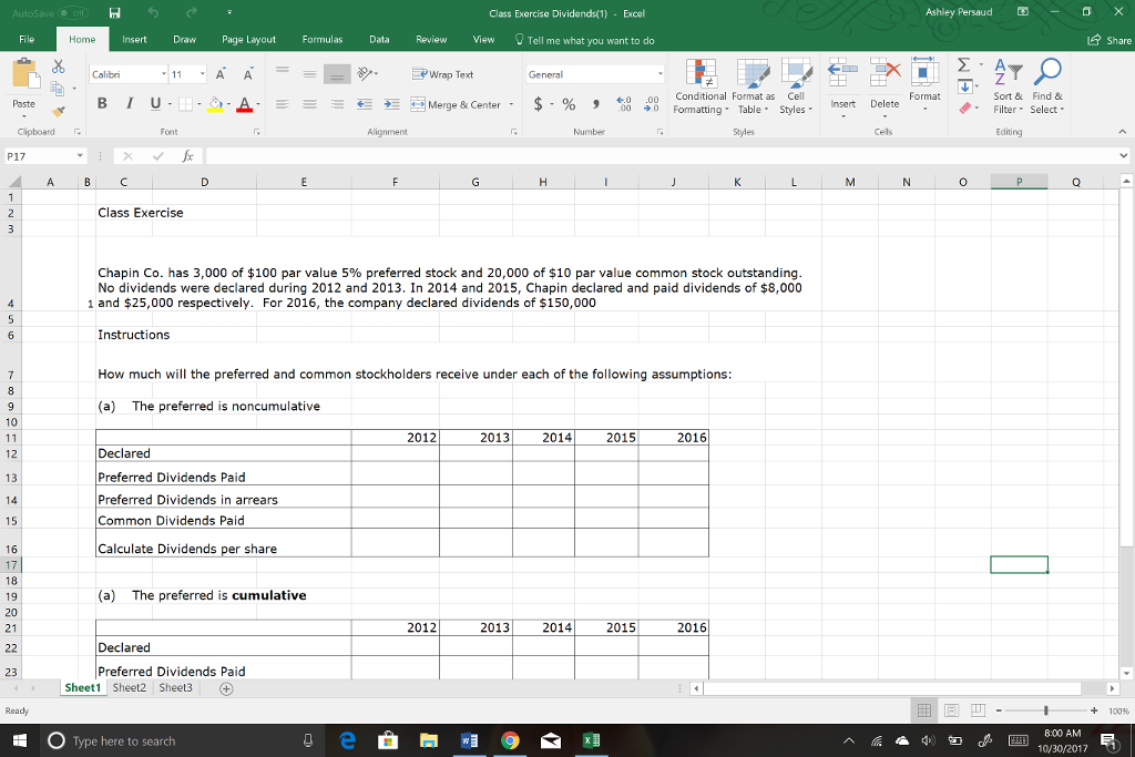 Solved AutoSave Class Exercise Dividends(1) Excel Ashley | Chegg.com