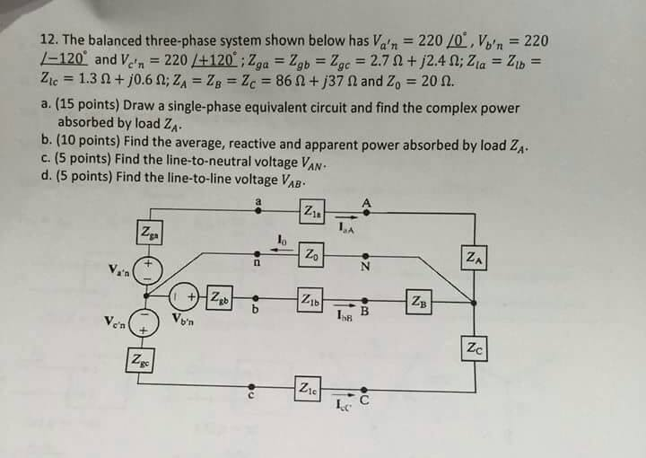 Solved The Balanced Three-phase System Shown Below Has V_a'n | Chegg.com