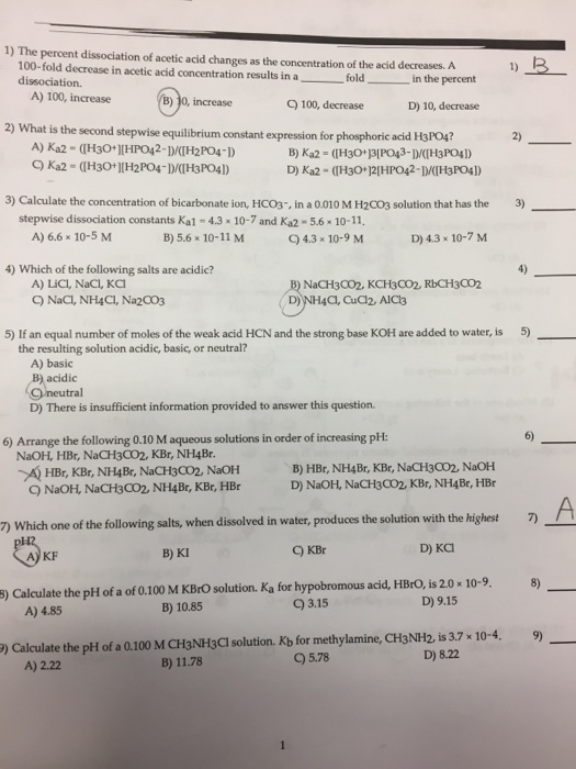 Solved The Percent Dissociation Of Acetic Acid Changes As 